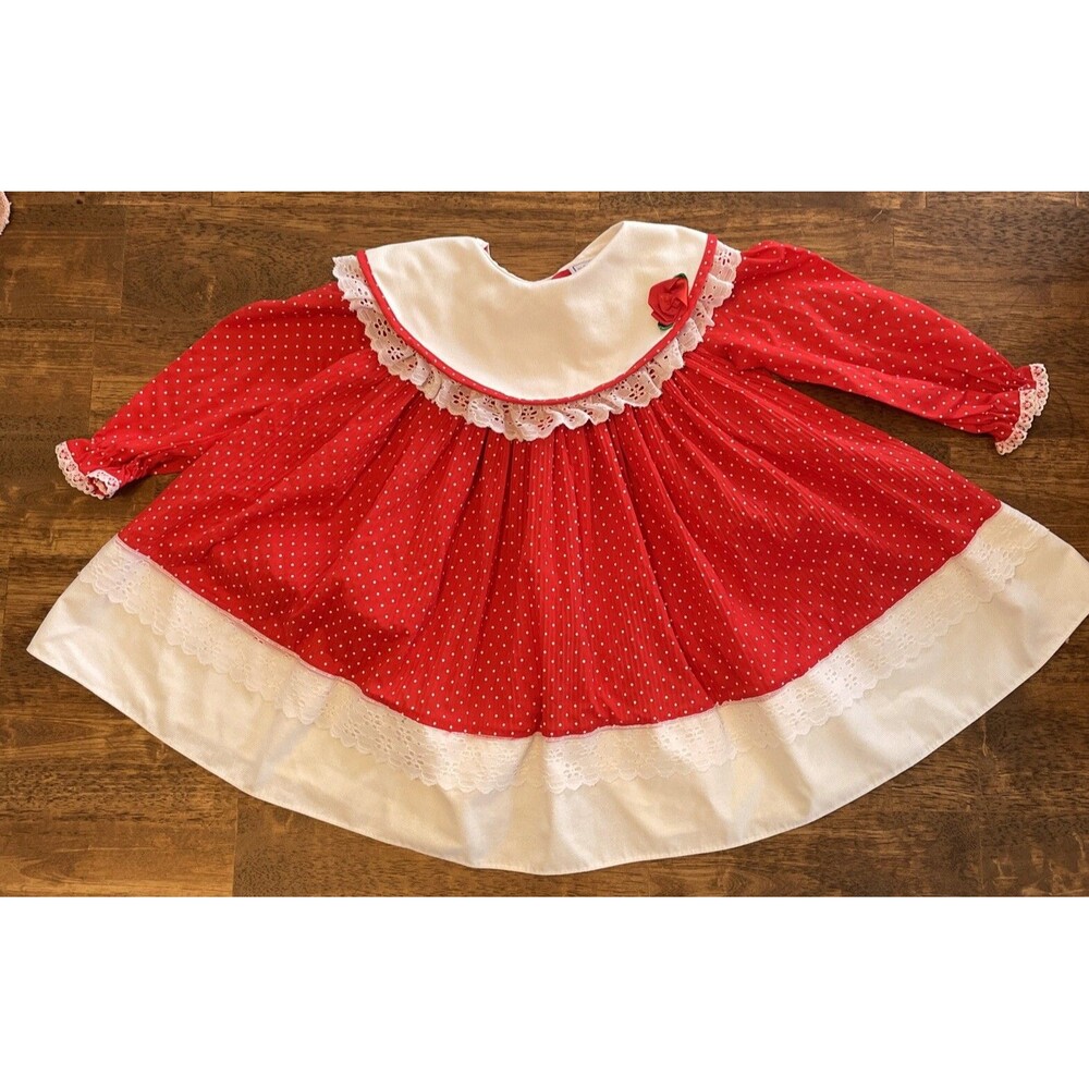 Vintage 4T Girls Dress Roanna ~ Full Circle Red Pleated Lace Collar Lightweight